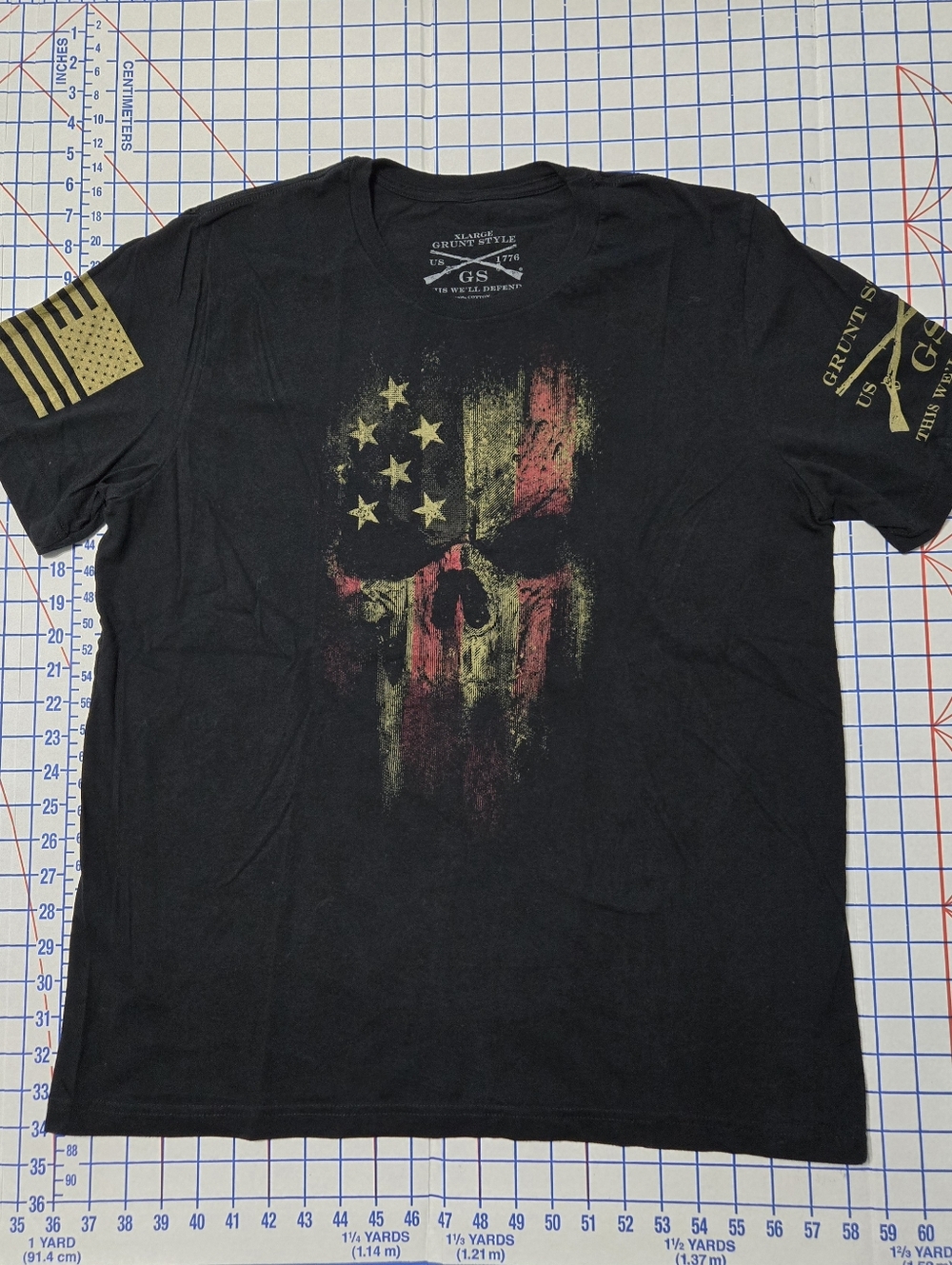 Grunt Style Black Tee with Distressed American Skull Graphic